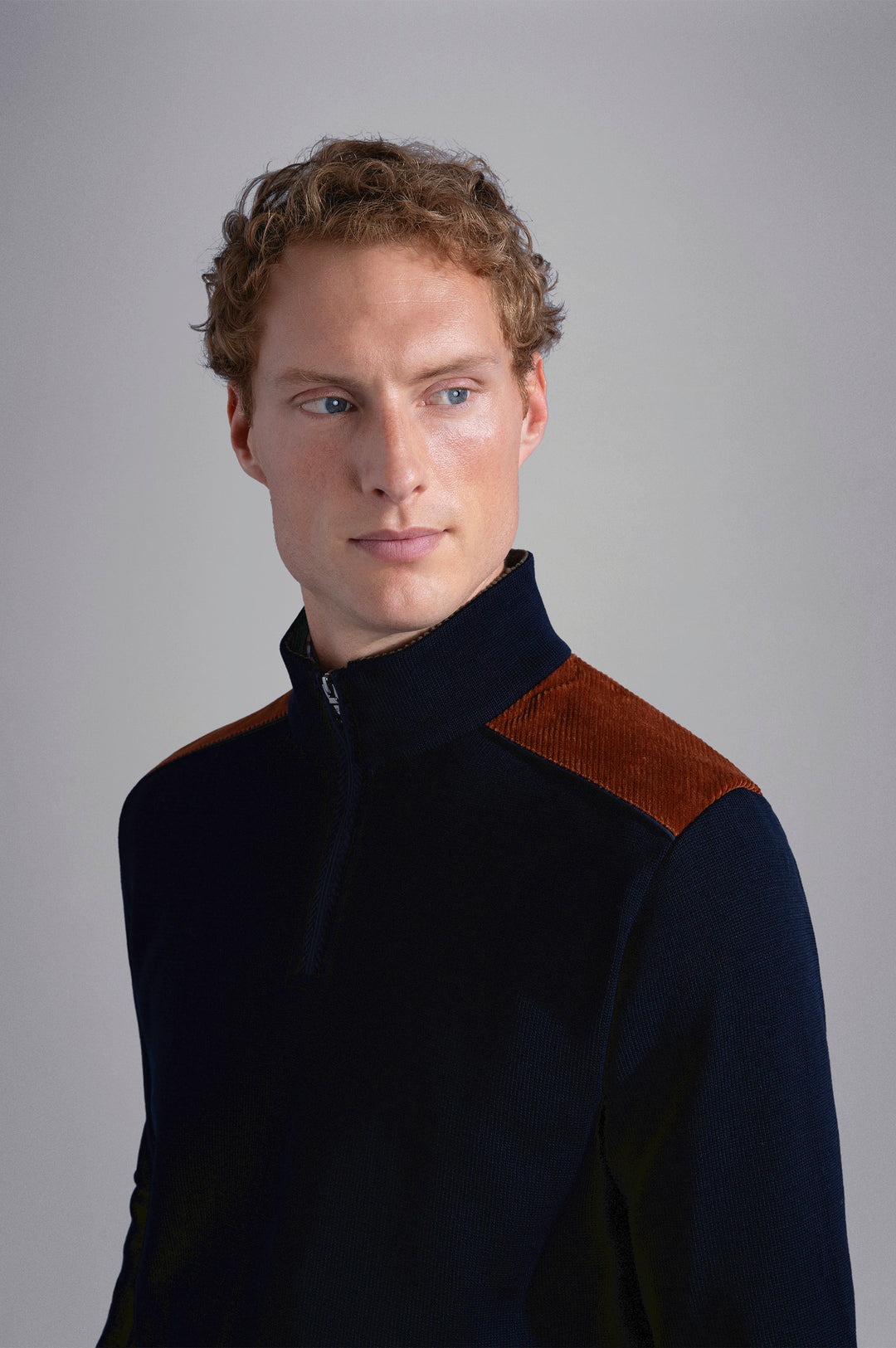 Wool Zip Sweater with Corduroy Details in Navy