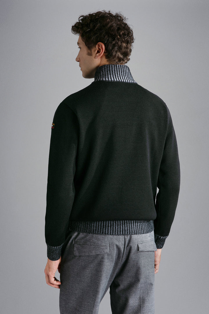 Cool Touch 4.0 Wool Zip Sweater with Contrast Rib in Black