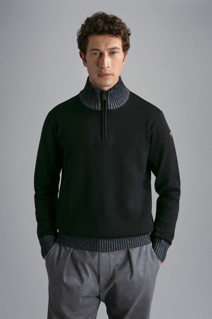 Cool Touch 4.0 Wool Zip Sweater with Contrast Rib in Black