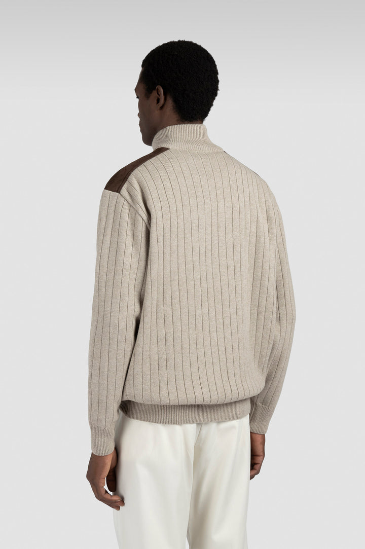 Suede Wool Cashmere Half Zip Sweater in Beige
