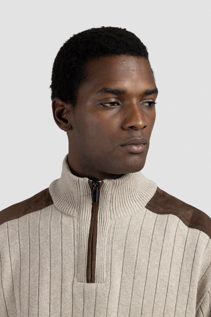 Suede Wool Cashmere Half Zip Sweater in Beige