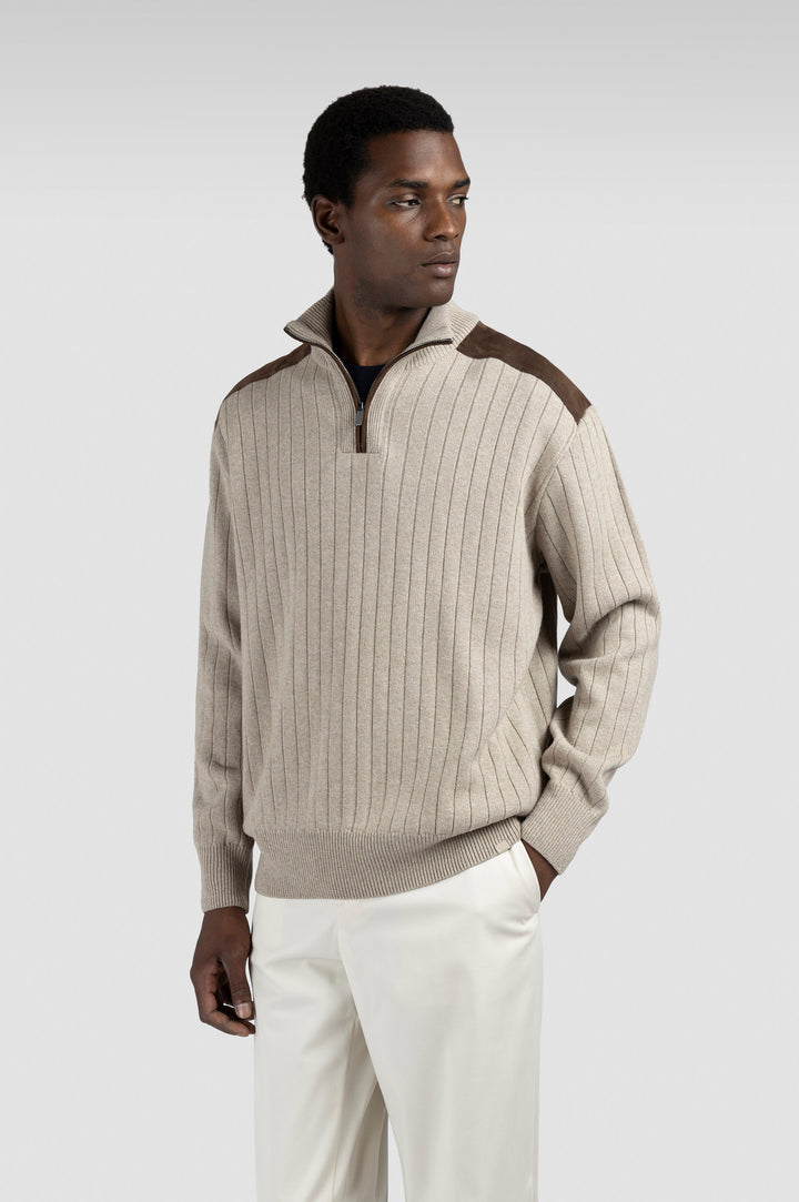 Suede Wool Cashmere Half Zip Sweater in Beige