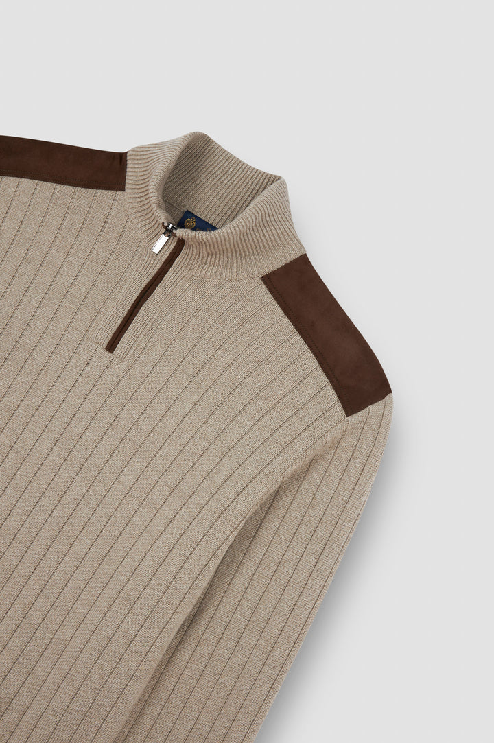 Suede Wool Cashmere Half Zip Sweater in Beige