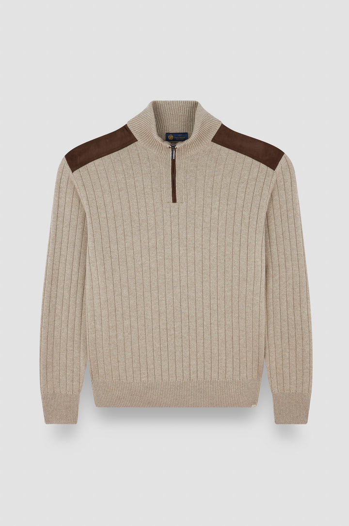 Suede Wool Cashmere Half Zip Sweater in Beige