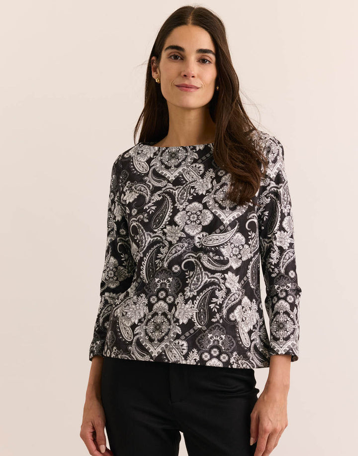 Gissel Boat Neck 3/4 Sleeve Paisley Top