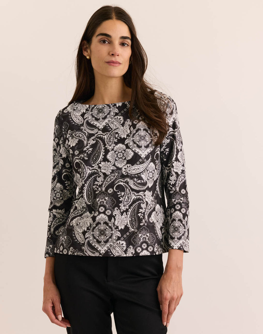 Gissel Boat Neck 3/4 Sleeve Paisley Top