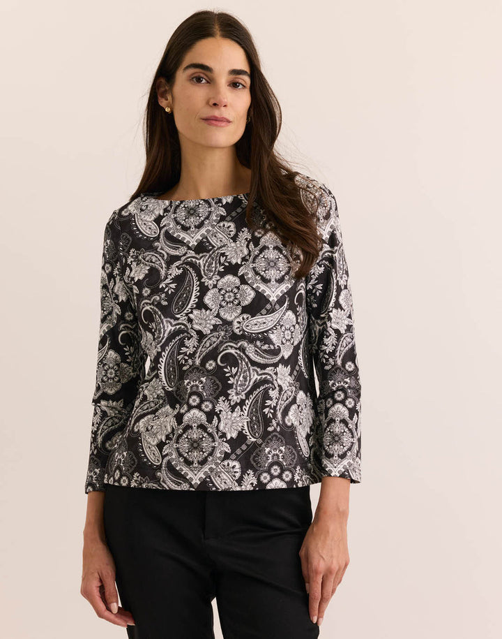 Gissel Boat Neck 3/4 Sleeve Paisley Top