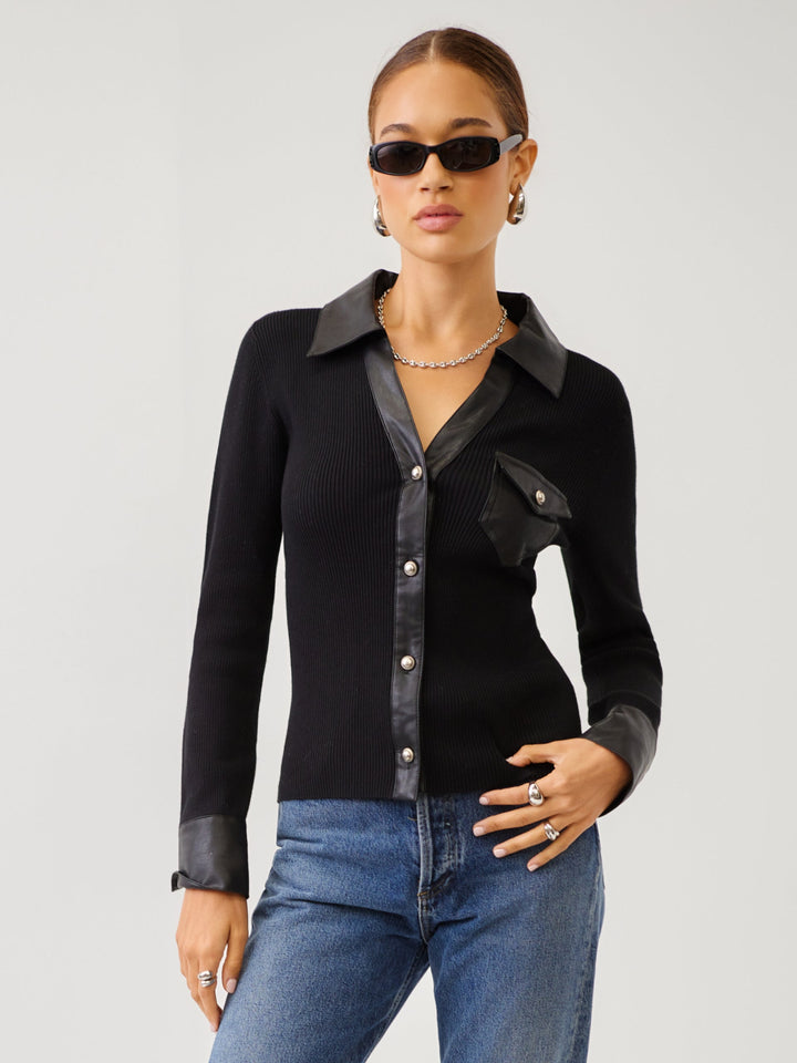 Isabella Contrast Faux Leather Button-Up Top