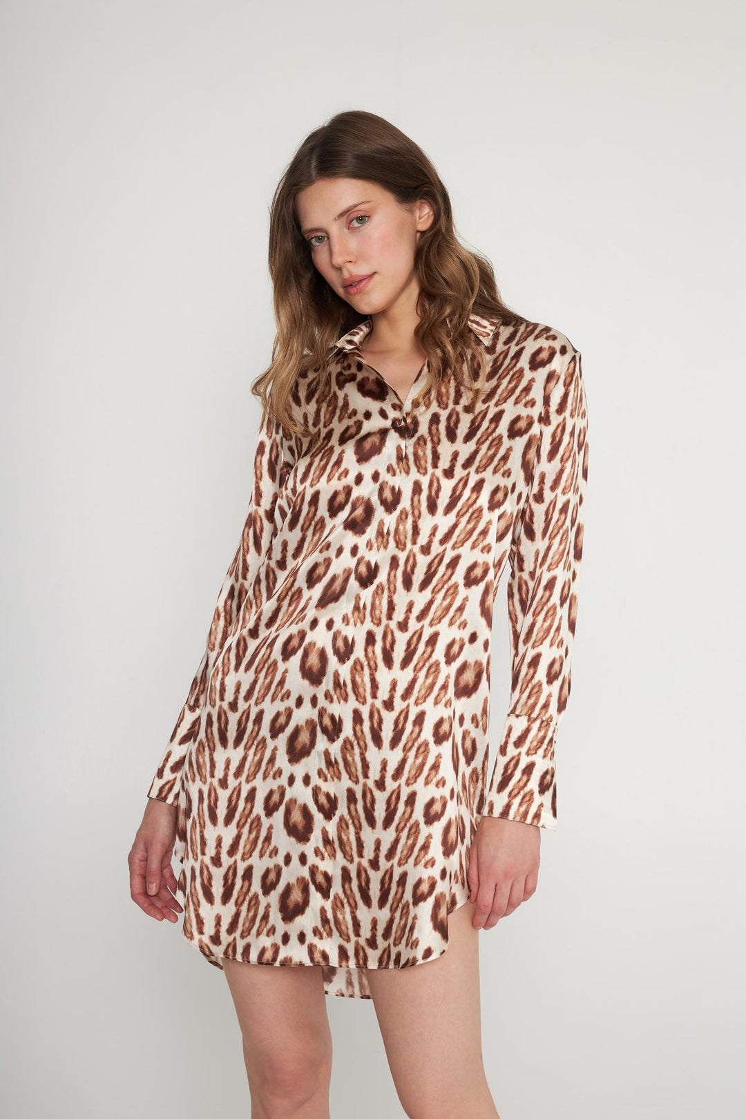 Daria Silk Shirt Dress - Oat Leopard