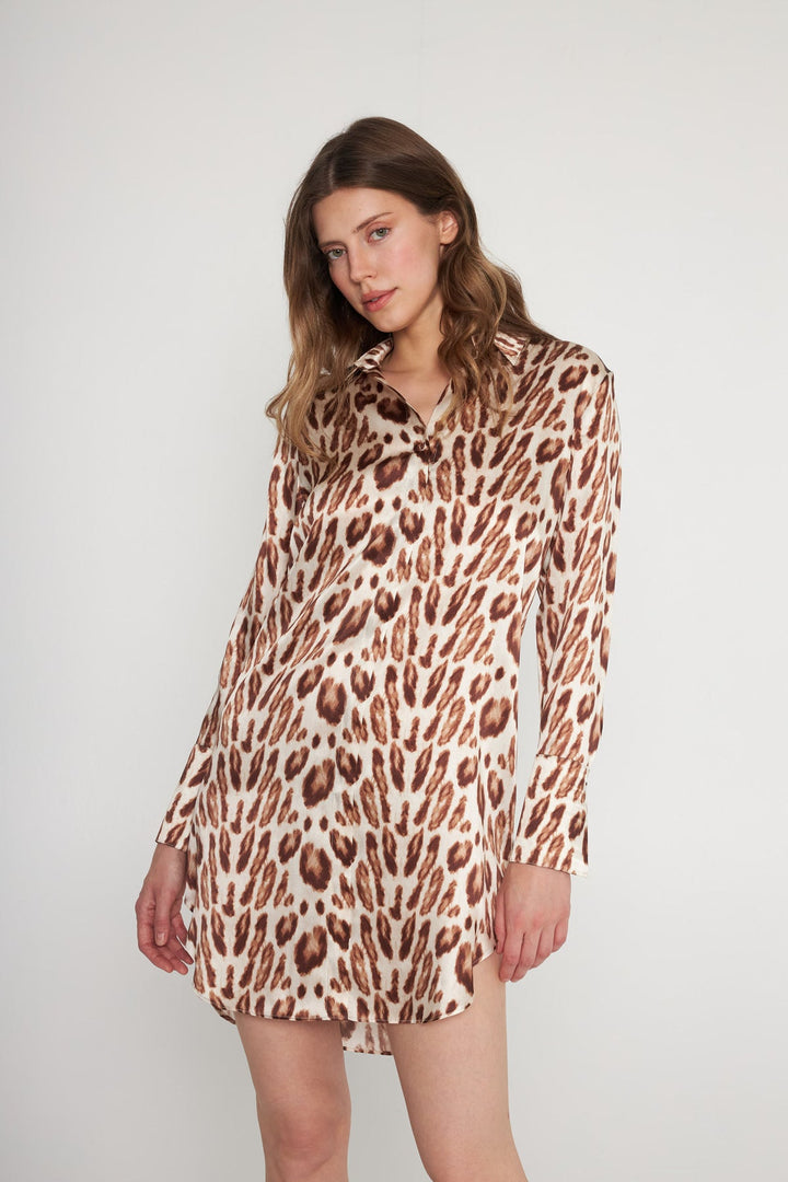 Daria Silk Shirt Dress - Oat Leopard