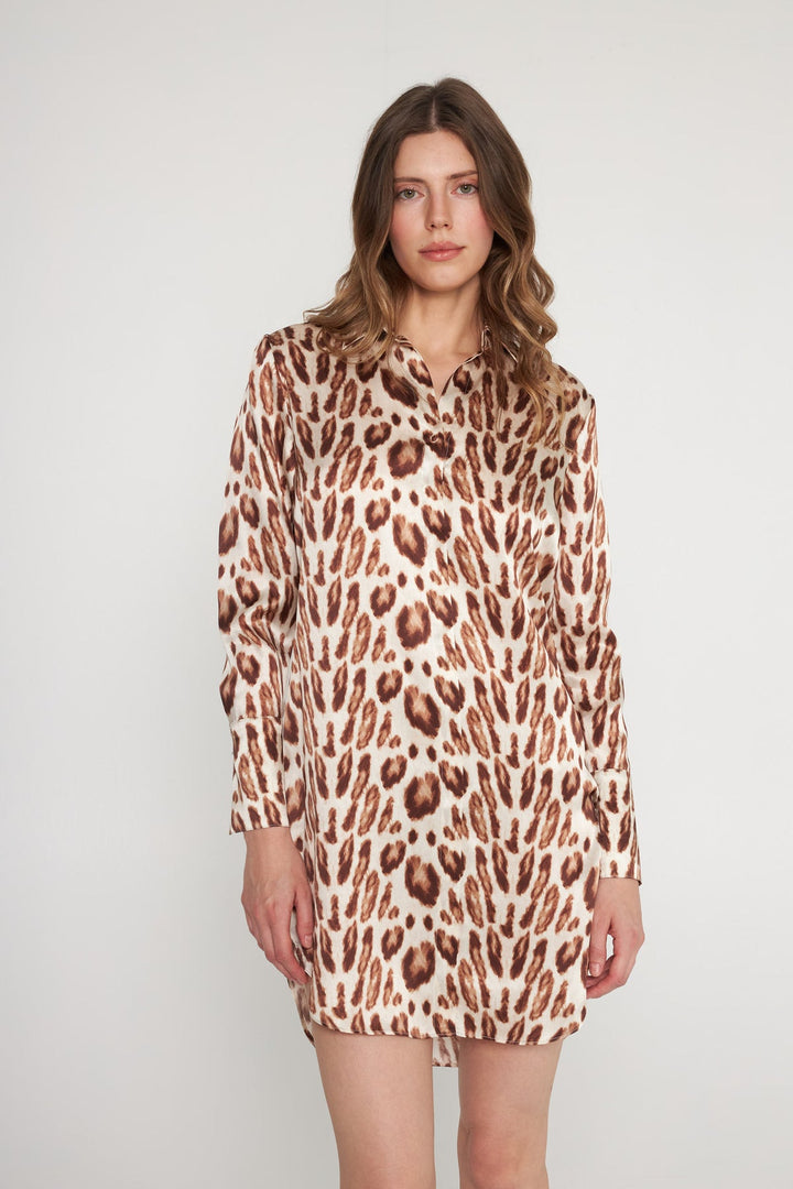 Daria Silk Shirt Dress - Oat Leopard