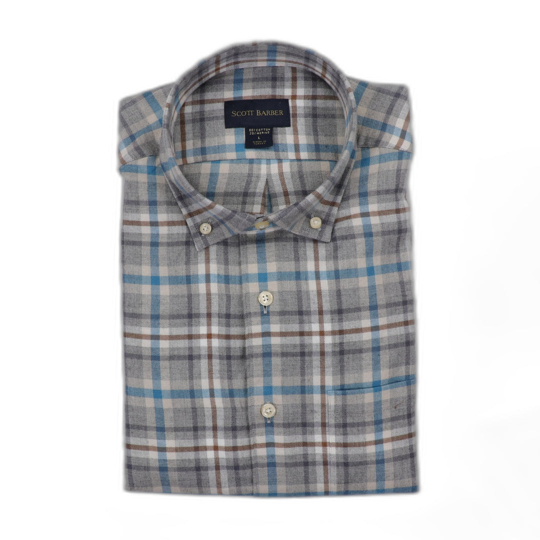 Brushed Flannel Button Down in Turquoise and Grey