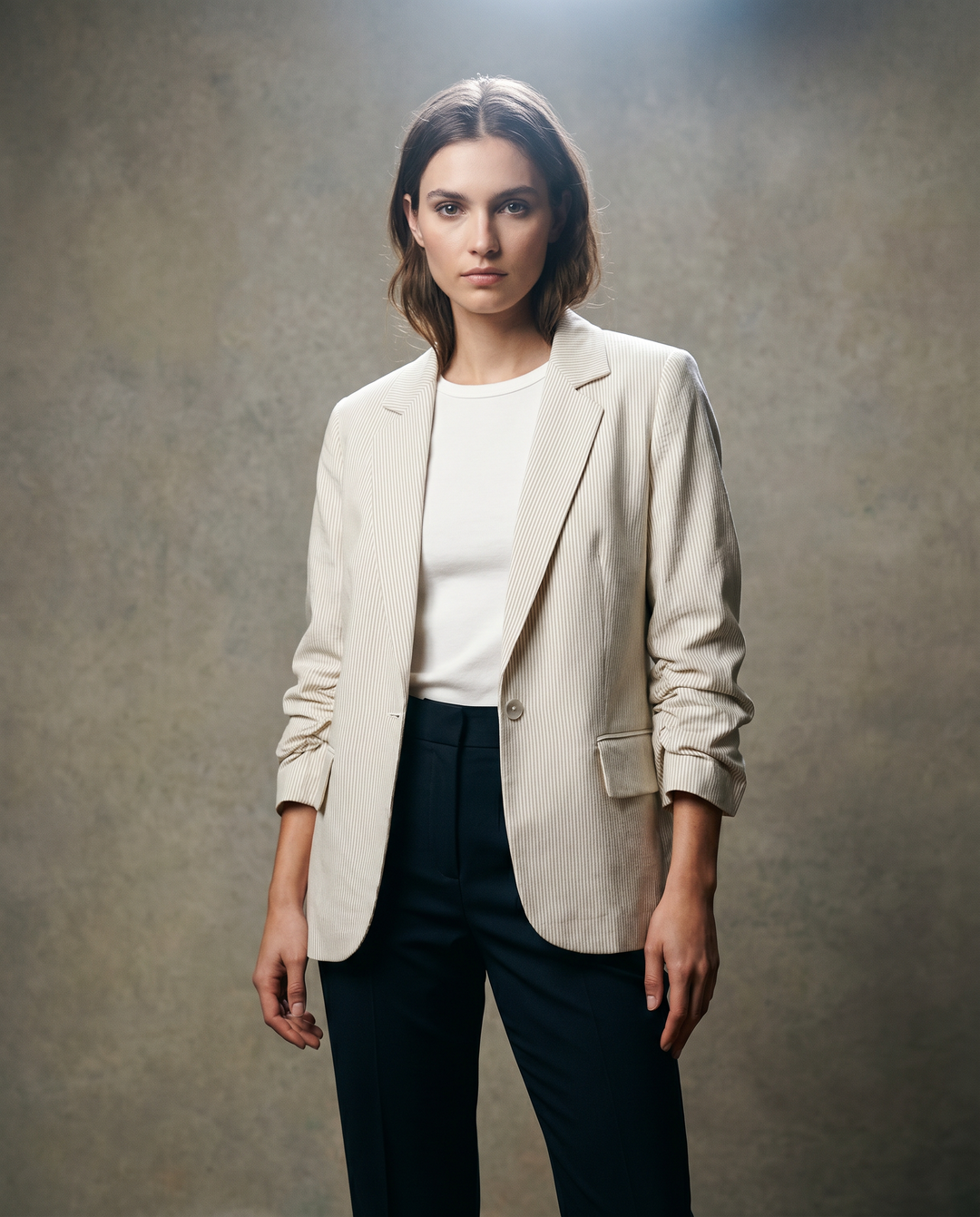 Ruched Sleeve Jacket in Khaki Stripe