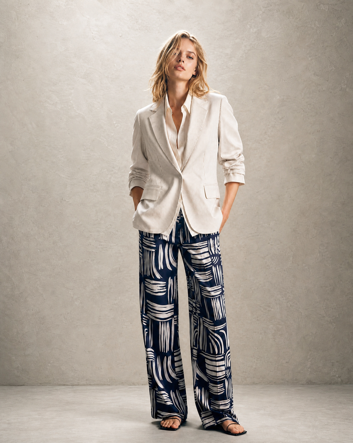Ruched Sleeve Jacket in Khaki Stripe
