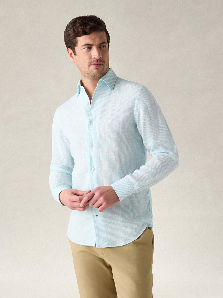 Morgan Medium Stripe Linen Shirt Aqua