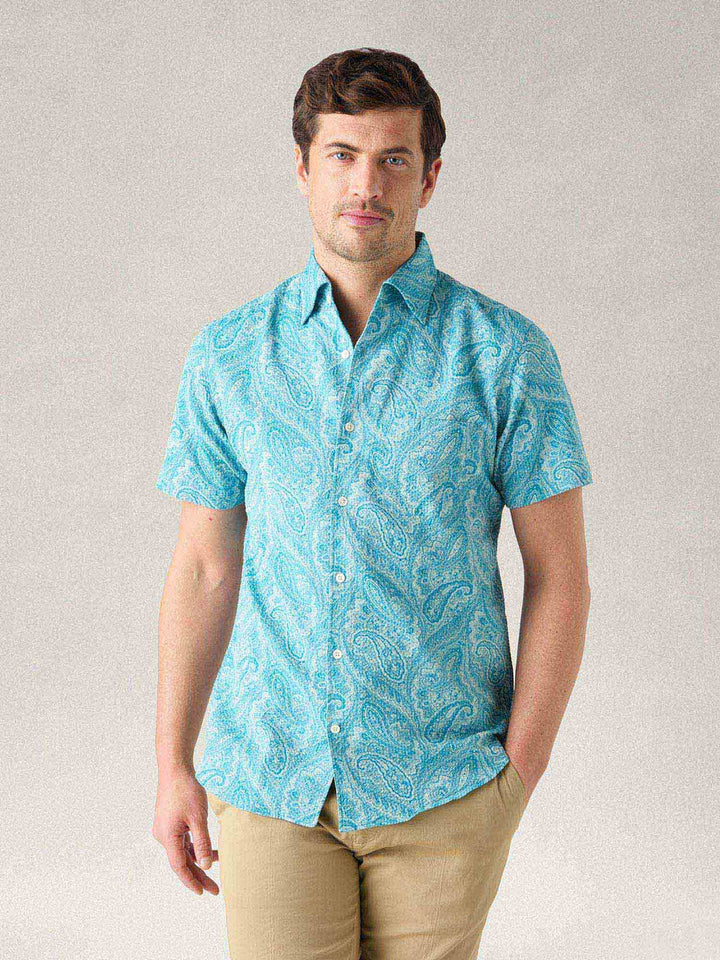 Morgan Short Sleeve Paisley Seersucker Shirt Teal