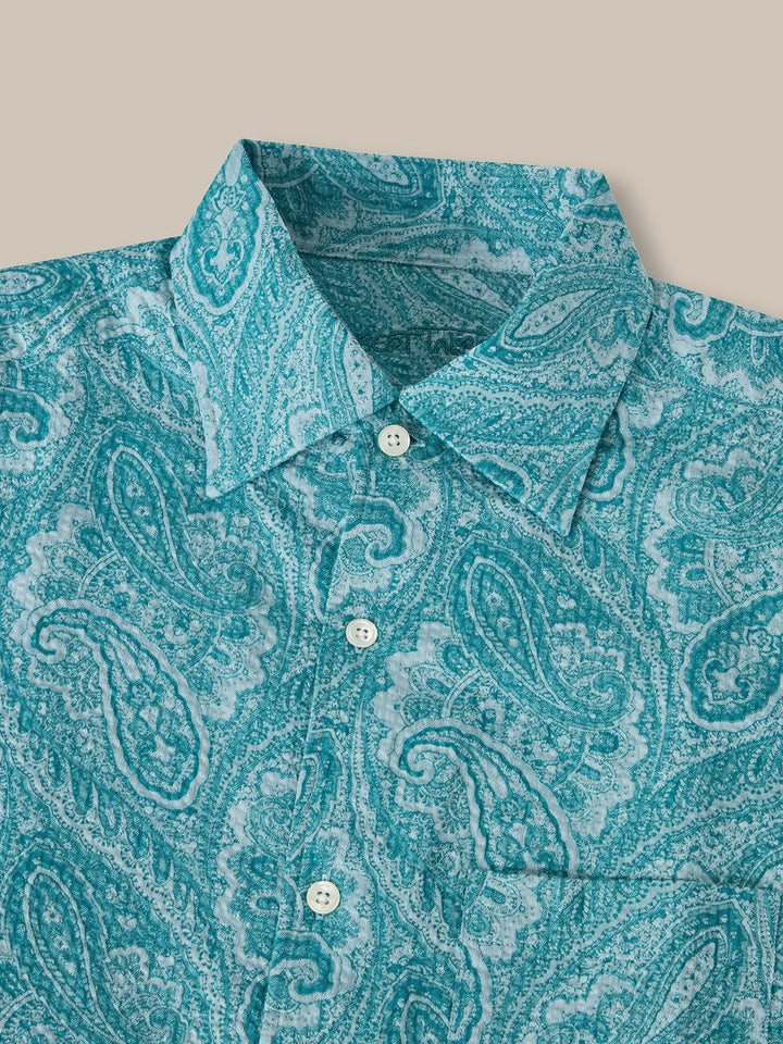 Morgan Short Sleeve Paisley Seersucker Shirt Teal