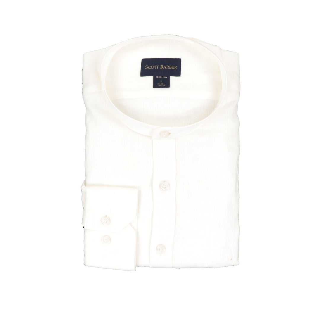 Pure Linen Banded Collar Sport Shirt in White