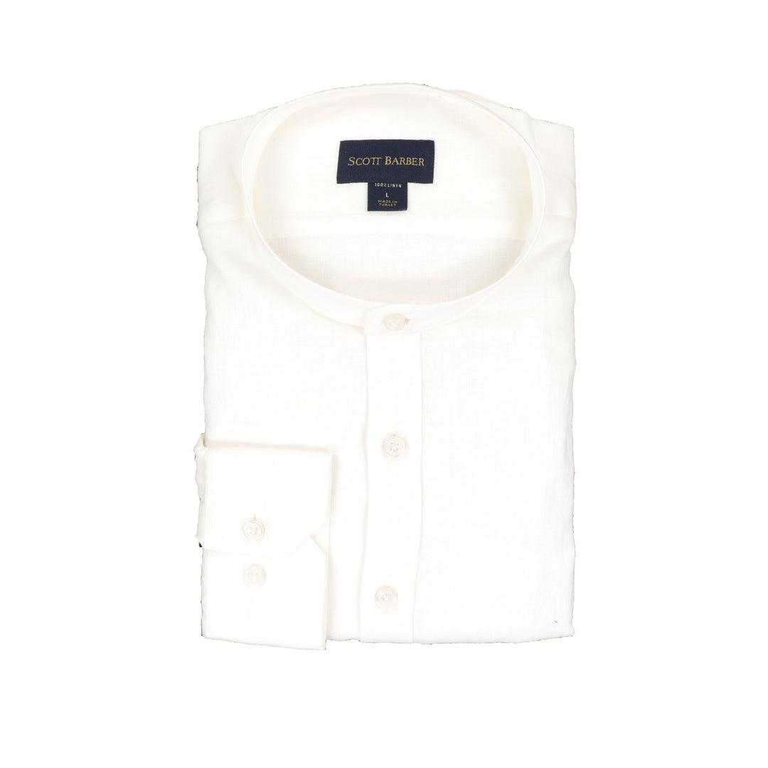 Pure Linen Banded Collar Sport Shirt in White XL Pure Linen Banded Collar Sport Shirt in White XL