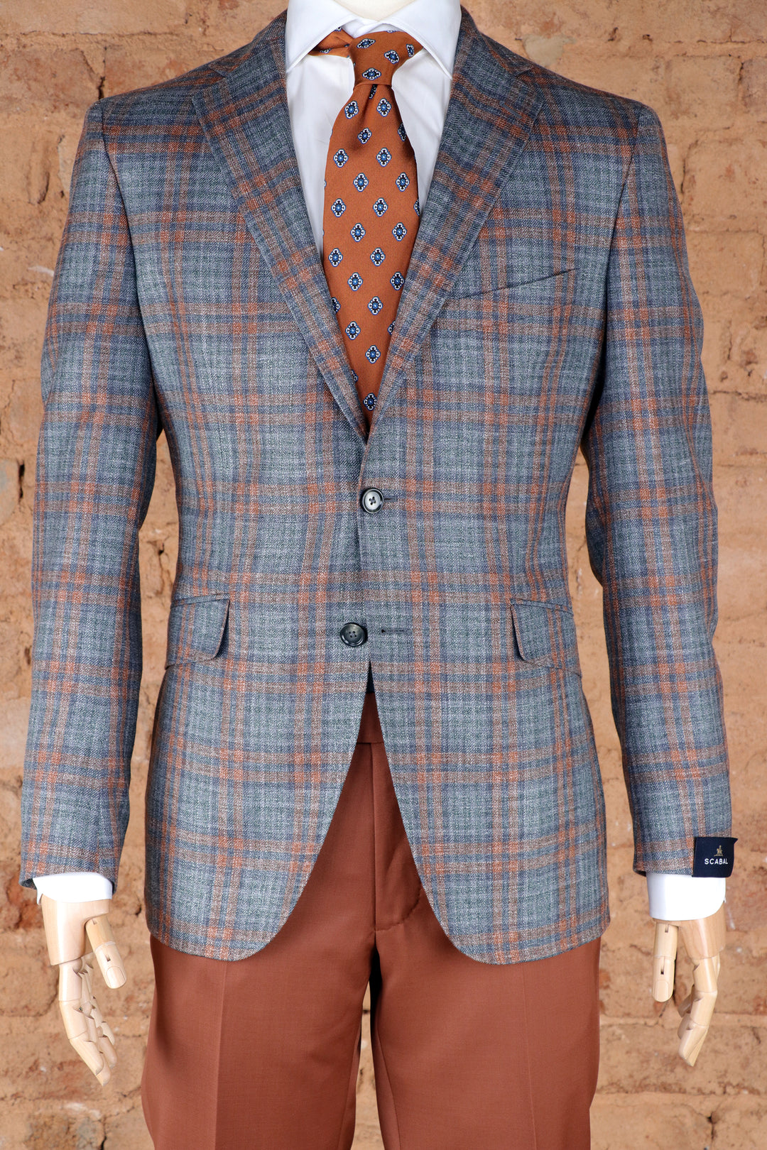 Kenton Unlined Wool, Silk, & Linen Soft Coat in Grey/Orange Plaid