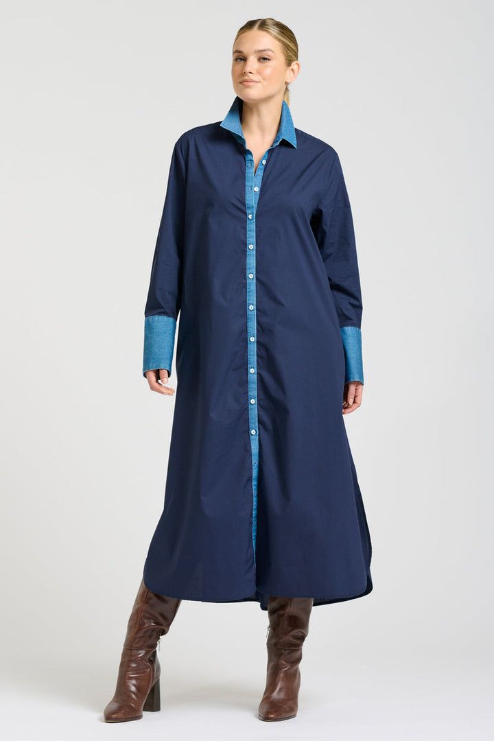 Pia Long-Line Shirt Dress in French Navy