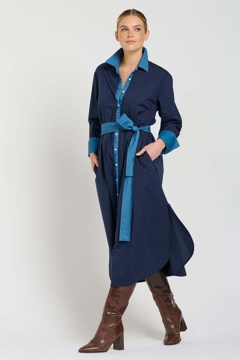 Pia Long-Line Shirt Dress in French Navy