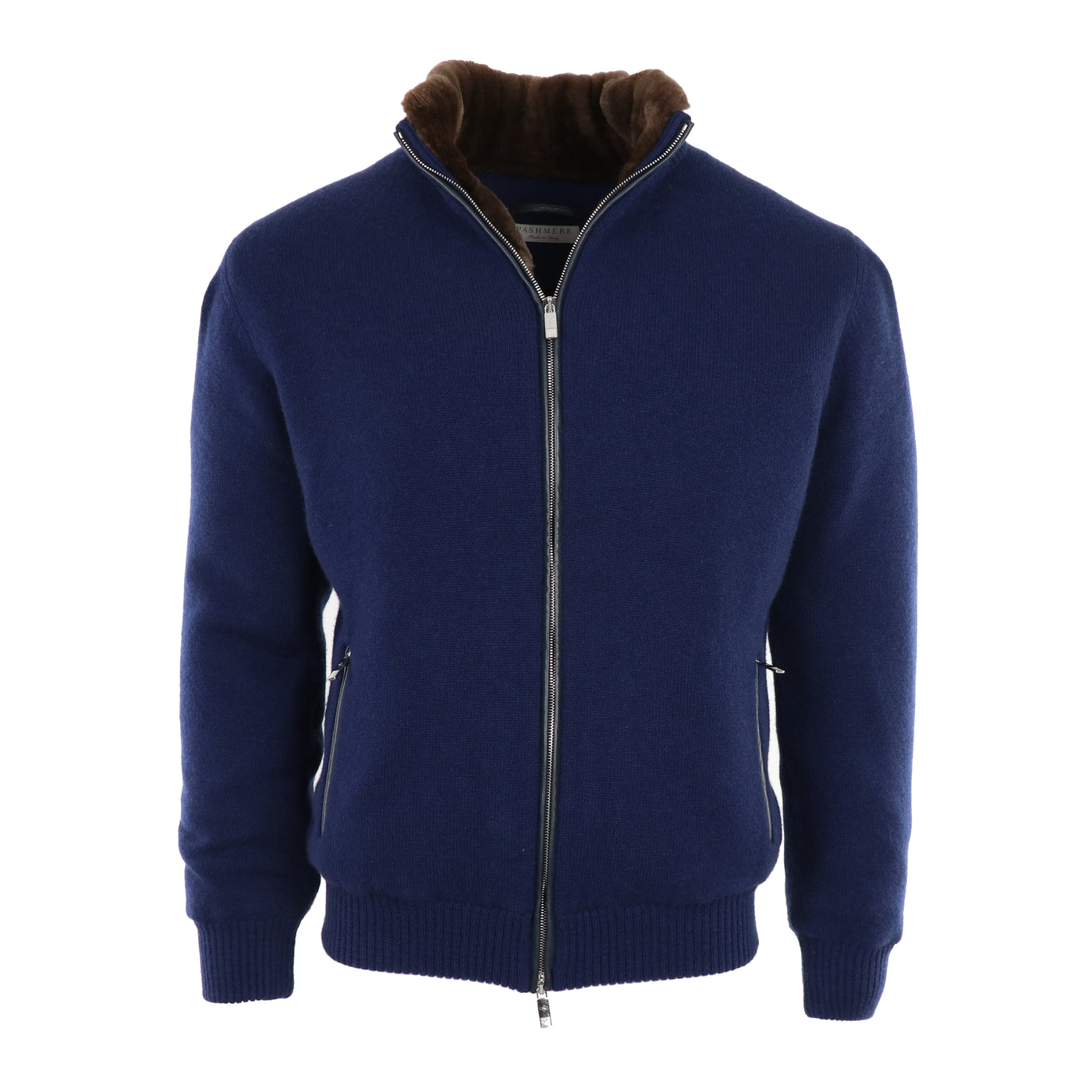 Cashmere Bomber Lined with Beaver Fur in Navy