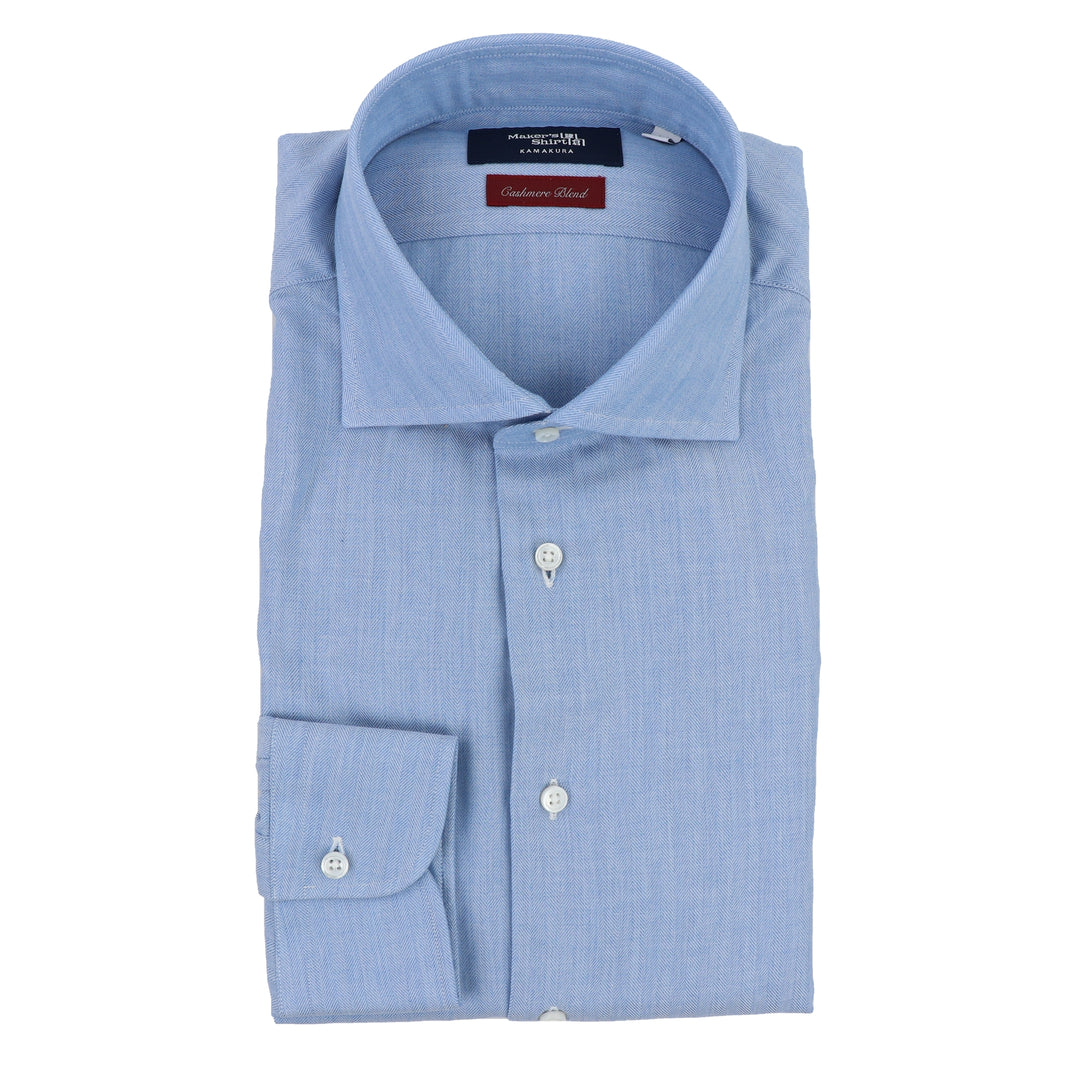 Maker's Luxury Dress Shirt in Blue Herringbone Cotton/Cashmere 15.75 Maker's Luxury Dress Shirt in Blue Herringbone Cotton/Cashmere 15.75